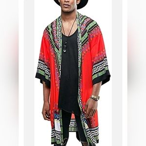 COOFANDY Mens African Dashiki Print Ruffle Shawl Collar Cardigan Lightweight
